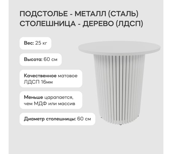 Журнальный столик GENGLASS круглый с металлическим подстольем 400x400 мм, TRUBIS Wood, белое подстолье, белая столешница 60 см GGT-03-3-3-S-60