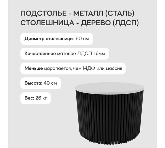 Журнальный стол GENGLASS круглый с металлическим подстольем 600x600 мм, TRUBIS Wood, черное подстолье, белая столешница 60 см GGT-03-2-3-M-60