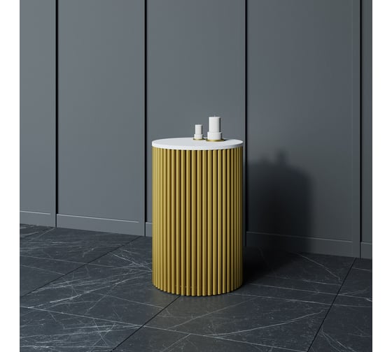 Журнальный столик GENGLASS круглый с металлическим подстольем 400x400 мм, TRUBIS Wood, золотое подстолье, белая столешница 40 см GGT-03-1-3-S-40