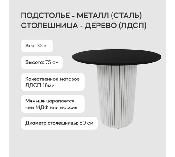 Обеденный стол GENGLASS круглый с металлическим подстольем 400x400 мм, TRUBIS Wood, белое подстолье, черная столешница 80 см GGT-03-3-2-L-80
