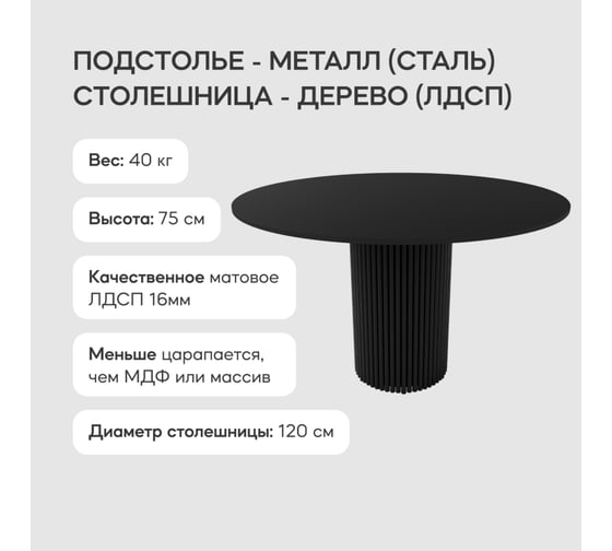 Обеденный стол GENGLASS круглый с металлическим подстольем 400x400 мм, TRUBIS Wood, черное подстолье, черная столешница 120 см GGT-03-2-2-L-120