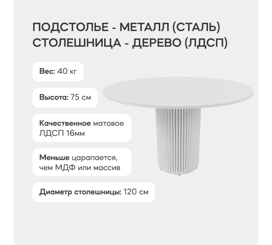 Обеденный стол GENGLASS круглый с металлическим подстольем 400x400 мм, TRUBIS Wood, белое подстолье, белая столешница 120 см GGT-03-3-3-L-120