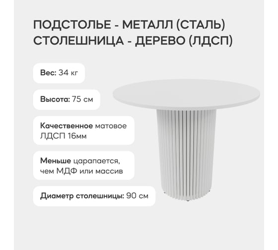 Обеденный стол GENGLASS круглый с металлическим подстольем 400x400 мм, TRUBIS Wood, белое подстолье, белая столешница 90 см GGT-03-3-3-L-90