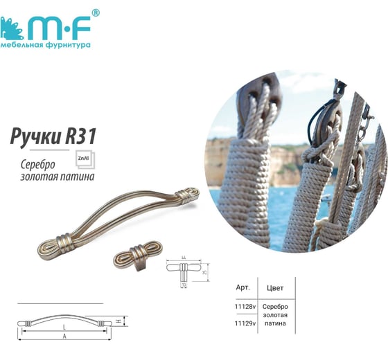 Ручка-скоба MF R31, 128 мм, серебро золотая патина 11128v