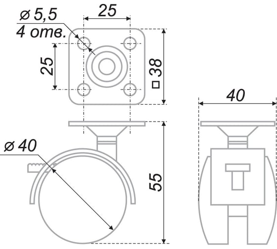 Мебельное колесо BOYARD d=40мм., с тормозом N103BL/BL.3