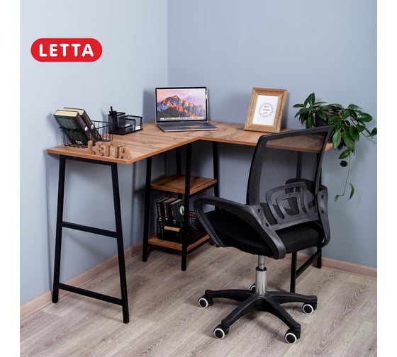 Стол угловой Letta Tokyo ЛДСП, дуб вотан, черный металл, 1100x750x1100/450 LMK1710101