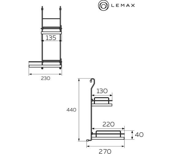 Угловая двухъярусная полка Lemax, длина 230 мм, ширина 230 мм, высота 435 мм, хром MX-422