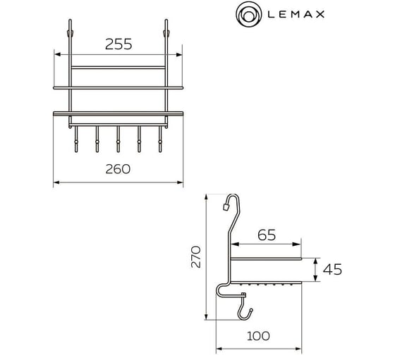 Полка на рейлинг малая с крючками Lemax, длина 265 мм, ширина 100 мм, высота 270 мм, хром MX-402