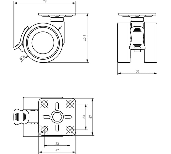 Мебельное колесо GTV CIRCO диаметр 50 мм, серое, со стопором KM-CIRCO-50MM-ZH-19