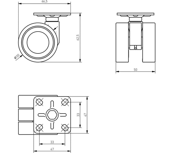 Мебельное колесо GTV CIRCO диаметр 50 мм, серое, без стопора KM-CIRCO-50MM-BH-19