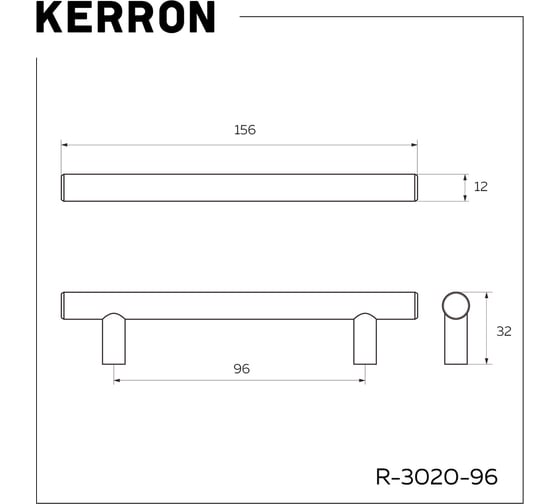 Ручка-рейлинг KERRON м/ц 96мм, Д165 Ш12 В32, античная бронза R-3020-96 AB