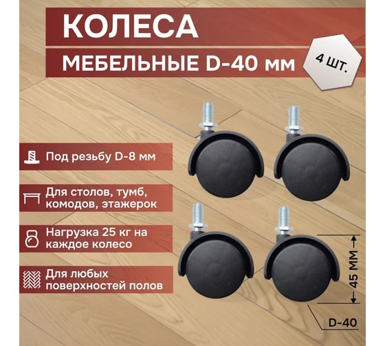 Комплект мебельных роликов ВПМ 40 мм (пин М8 мм) 6194489