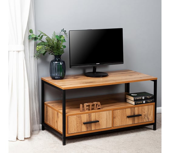 Стол журнальный Letta Frame с ящиками ЛДСП Дуб вотан, черный металл 900x480x450 LMK1280101