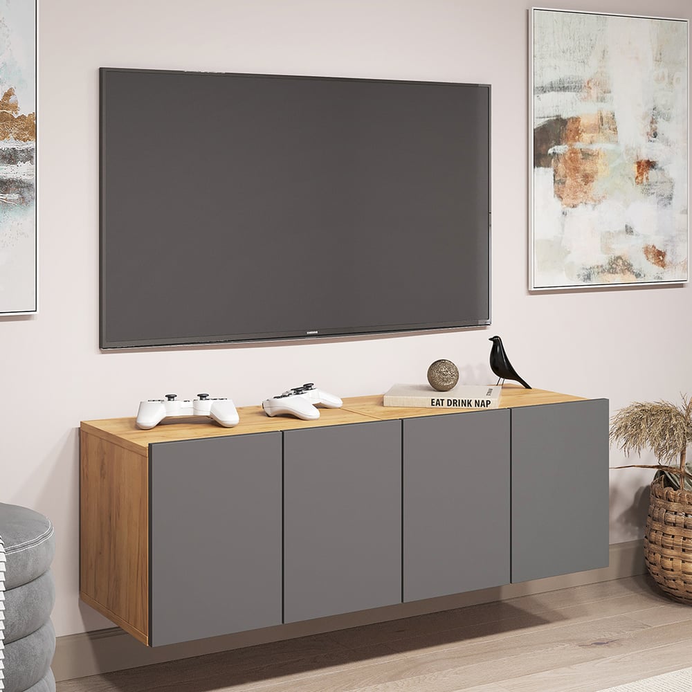 Тумба под ТВ Letta Валенсия Plus 4 ящика Дуб крафт золотой/Серый графит ...