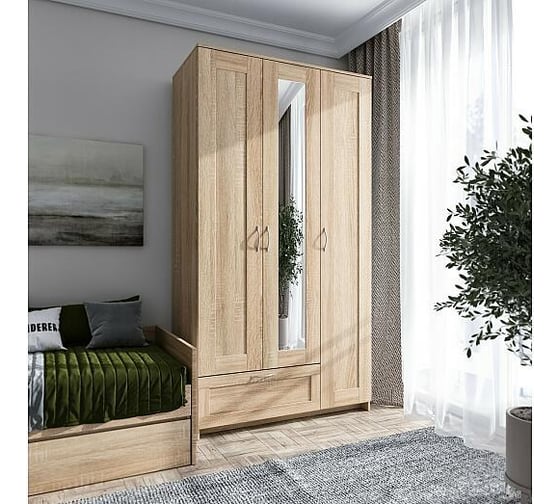 Шкаф ШВЕДСКИЙ СТАНДАРТ СИРИУС 3 двери, 1 ящик, 117x59x220, сонома RU (с 1 зеркалом) 2.02.01.510.3