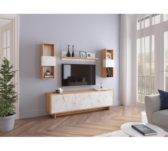 Готовая гостиная Огюст Мини дуб золотой / каспий светлый Woodville 490789