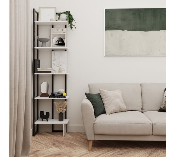 Стеллаж Letta Tokyo угловой ЛДСП Белое тиснение, черный металл 470x1758x232 LMK1270201