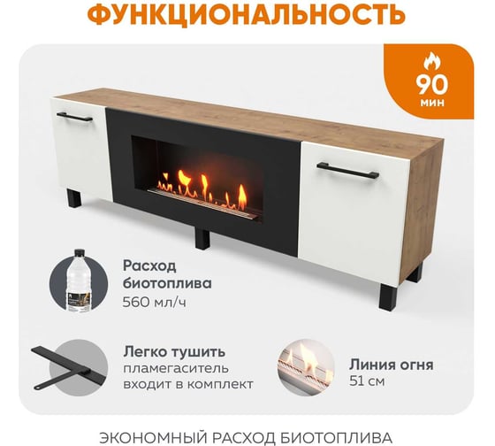 Тумба универсальная Lux Fire Байкал Р с ножками 1600, дуб вотан/белый матовый с биокамином 900 ТУБР1600ДВБ