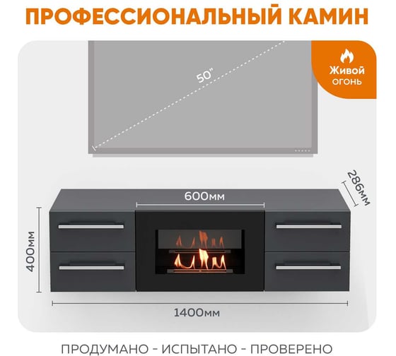 Тумба ТВ Lux Fire Нева настенная 1400 матовая, графит,с биокамином 600 ТС-600Г-1400х400х286