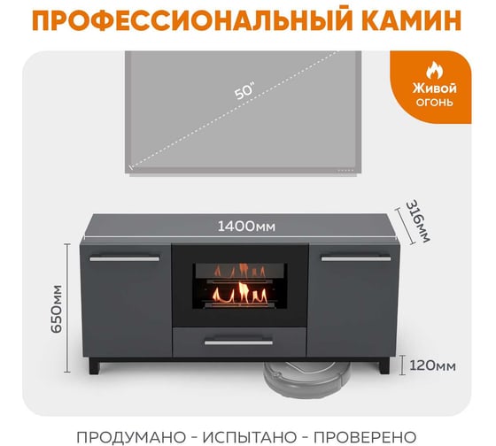 Тумба ТВ Lux Fire Амур напольная 1400 матовая, графит с биокамином 600 ТП-600Г-1400х650х316