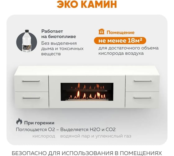 Тумба ТВ Lux Fire Белая Роза настенная 1700, с белым биокамином ТС-900Б-Р-1700х400х296