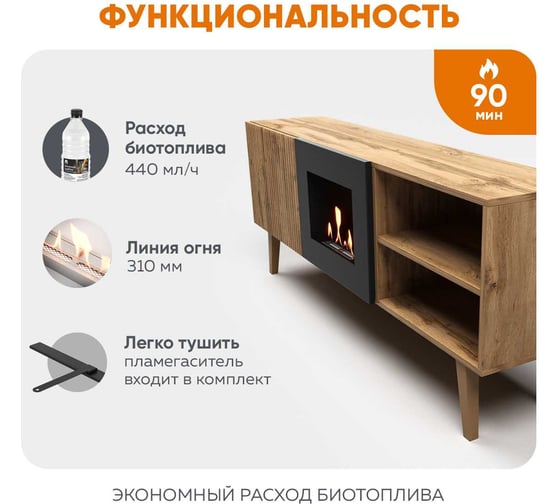 Тумба ТВ Lux Fire Волга напольная 1500, дуб вотан, с биокамином 500 ТП-500В-1500х600х300