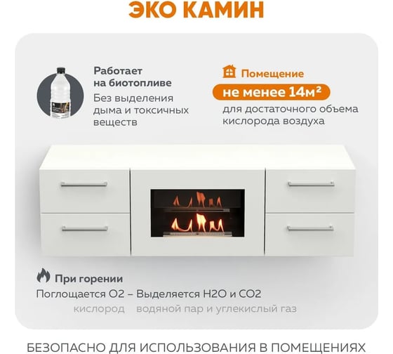 Тумба ТВ Lux Fire Белая Роза настенная 1400, с белым биокамином ТС-600Б-Р-1400х400х296