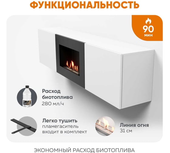 Тумба ТВ Lux Fire Каспий настенная 1600 матовая, белая с биокамином 600 ТНК1600Б