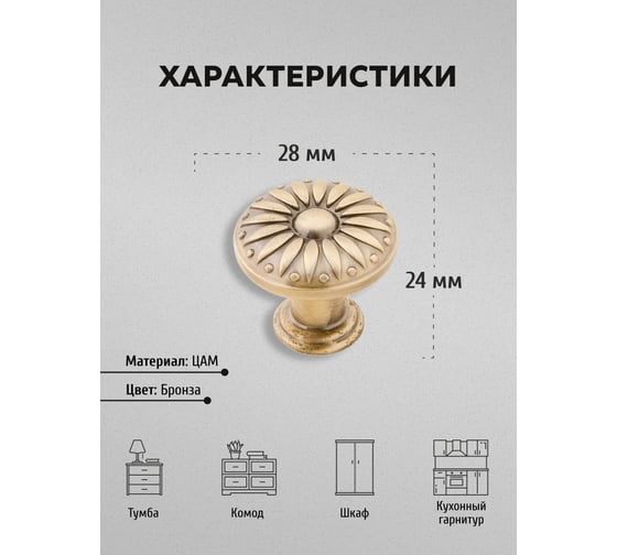 Комплект из 5 шт. Kerron, ручка-кнопка 27 мм RK-003 BA, бронза SET5(RK-003 BA)