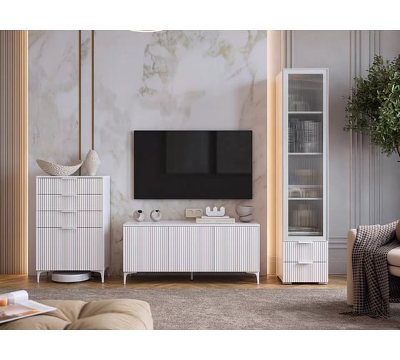 Гостиная Зефир К1 2200x424x1900 белое дерево/белый муар/белый эмаль ГК01Зефир.3268