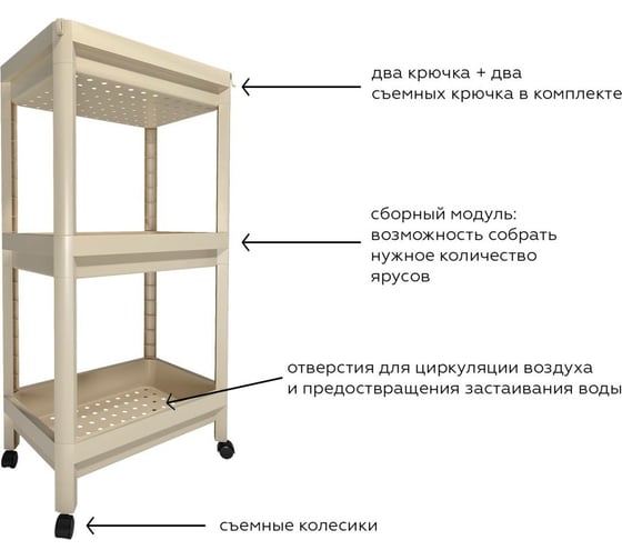 Этажерка HOMSU Vanilla 3 яруса на съемных колесиках HOM-1138