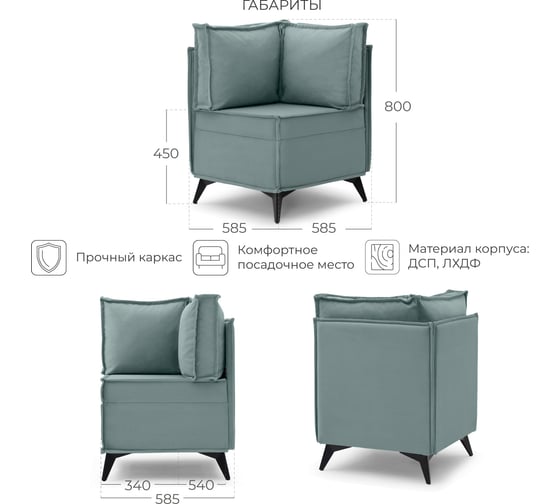 Диван кухонный НОРТА NORTA Loft XS Угловой 585x585x800 грязно-бирюзовый 4657828216418