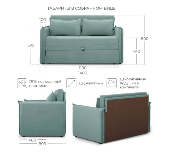 Диван-кровать NRAVA Candy 1400х805х800 грязно-бирюзовый 4657821042090