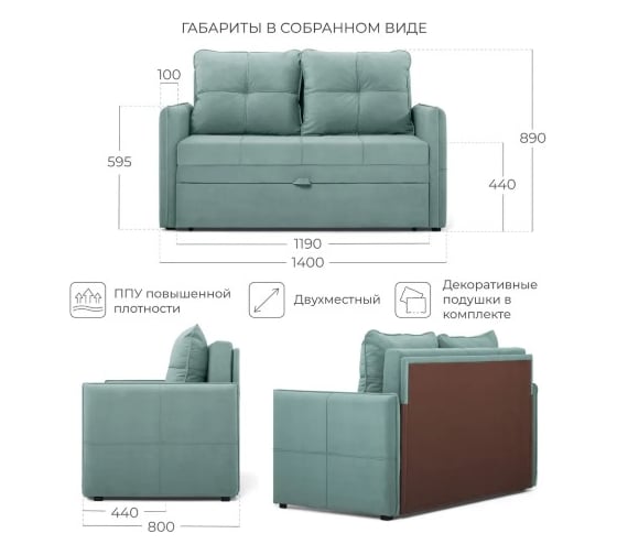 Диван-кровать NRAVA Funny 1400x800x890 грязно-бирюзовый 4657821042199