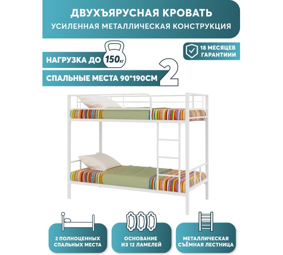 Двухъярусная металлическая кровать Формула мебели сад Севилья-2 на ламелях, для детей и взрослых, белая, спальное место, 198x96x163 см 80324249/КД 0014 БЛ