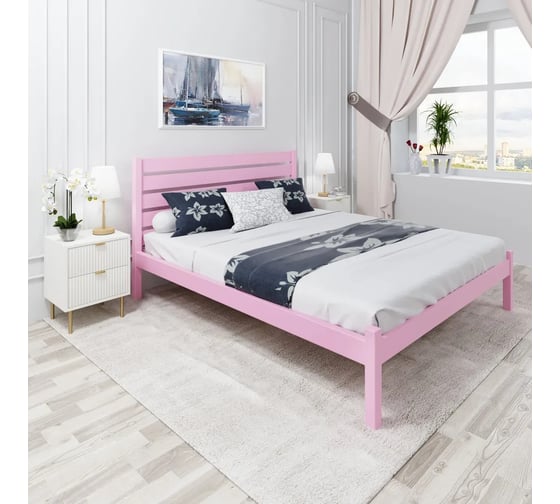 Кровать двуспальная Solarius Классика из массива сосны, с высокой спинкой и реечным основанием, 200x140 см, габариты 210x150, цвет розовый klas-spin140roz 1