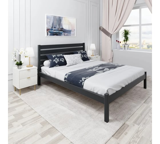 Кровать двуспальная Solarius Классика из массива сосны, с высокой спинкой и реечным основанием, 200x160 см, габариты 210x170, цвет антрацит klas-spin160ser 1