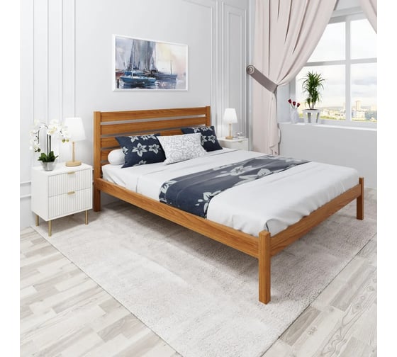 Кровать двуспальная Solarius Классика из массива сосны, с высокой спинкой и реечным основанием, 190x180 см, габариты 200x190, цвет ольхи klas-spin180olha-190 1