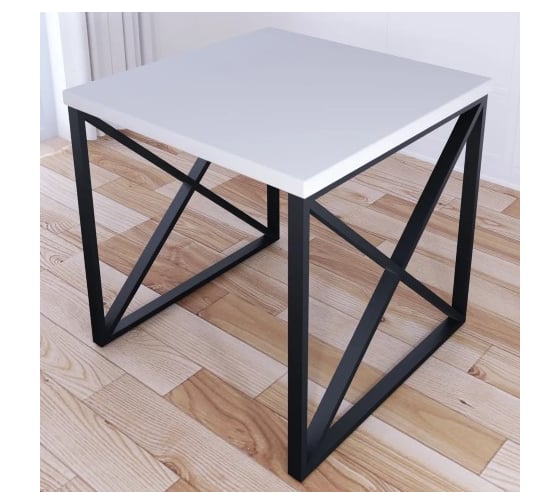 Стол кухонный Solarius Loft с квадратной белой столешницей из массива сосны 40 мм и черными металлическими крестообразными ножками, 80x80x75 см 702-10212 1