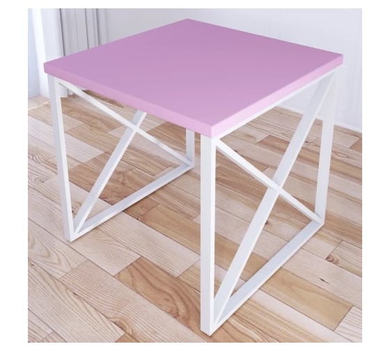 Стол кухонный Solarius Loft с квадратной столешницей розового цвета из массива сосны 40 мм и белыми металлическими крестообразными ножками, 70x70x75 см 702-10199 1