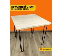 Стол кухонный Solarius Loft с квадратной столешницей из массива сосны 40 мм без шлифовки и покраски на черных металлических ножках-шпильках, 80x80x75 см 710-10142