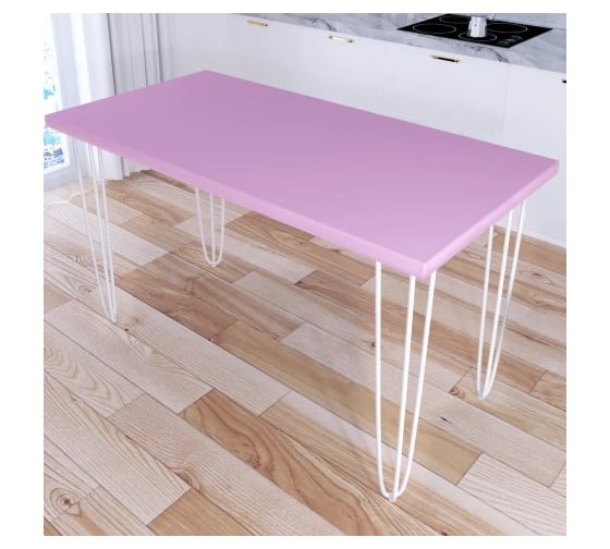 Стол кухонный Solarius Loft со столешницей розового цвета из массива сосны 40 мм и белыми металлическими ножками-шпильками, 130x60x75 см 710-10061 1