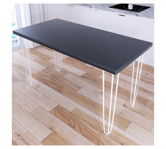 Стол кухонный Solarius Loft со столешницей цвета антрацит из массива сосны 40 мм и белыми металлическими ножками-шпильками, 130x80x75 см 710-10079 1