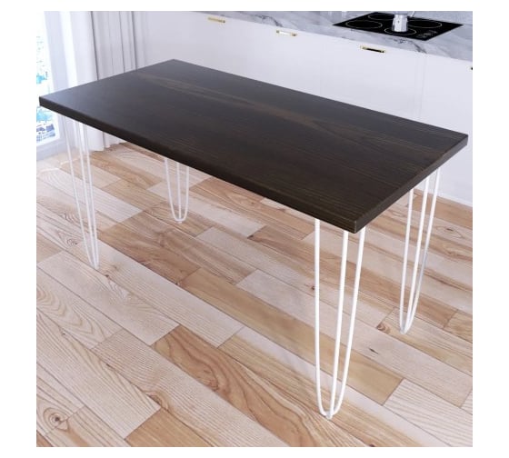 Стол кухонный Solarius Loft со столешницей цвета темного дуба из массива сосны 40 мм и белыми металлическими ножками-шпильками, 130x80x75 см 710-10087 1