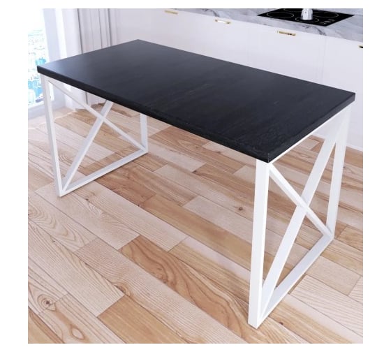 Стол кухонный Solarius Loft со столешницей цвета черного оникса из массива сосны 40 мм и белыми металлическими крестообразными ножками, 140x60x75 см 702-10274 1