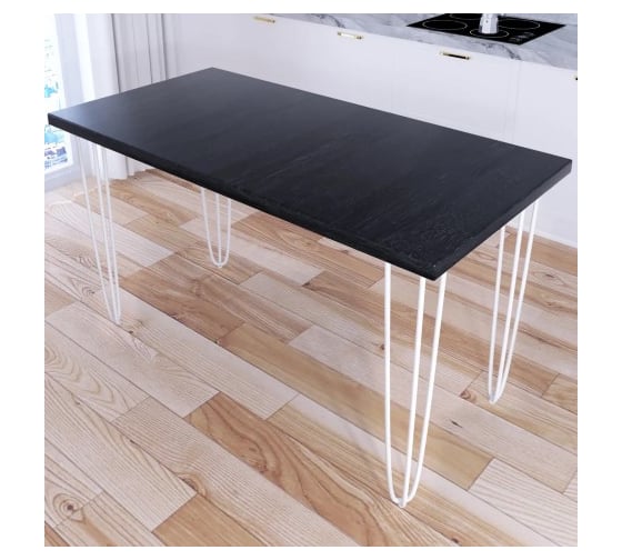 Стол кухонный Solarius Loft со столешницей цвета черного оникса из массива сосны 40 мм на белых металлических ножках-шпильках, 140x70x75 см 710-10578 1