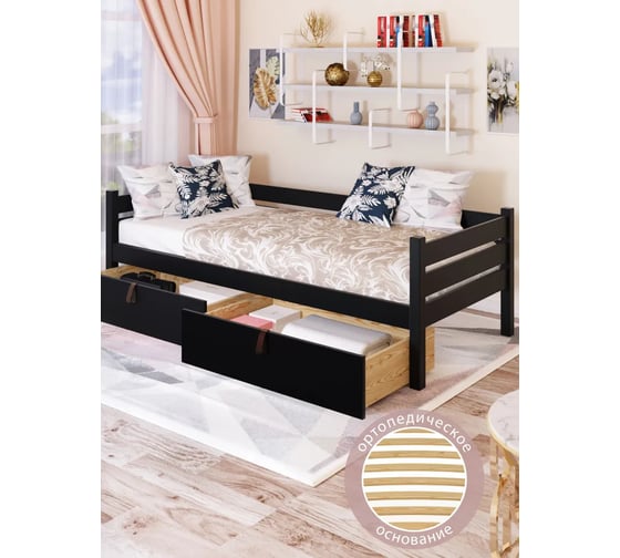 Односпальная тахта Solarius из массива сосны, с ортопедическим основанием, 170x80 см, габариты 180x90 см, с двумя выкатными ящиками, ольха tahta80-170olha-orto-2yash 1