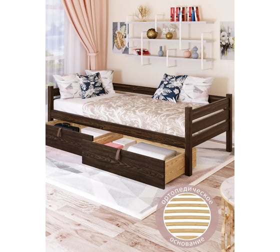 Односпальная тахта Solarius из массива сосны, с реечным основанием, 170x90 см, габариты 180x100 см, с двумя выкатными ящиками, без шлифовки и покраски tahta90-170net-2yash 1