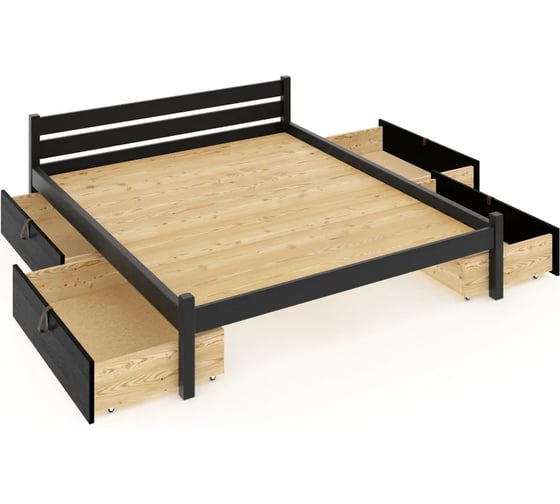 Двуспальная кровать Solarius Классика из массива сосны, со сплошным основанием, 190x140 см, габариты 200x150 см, с четырьмя выкатными ящиками, черный оникс 140klonix-190-full-4yash 1
