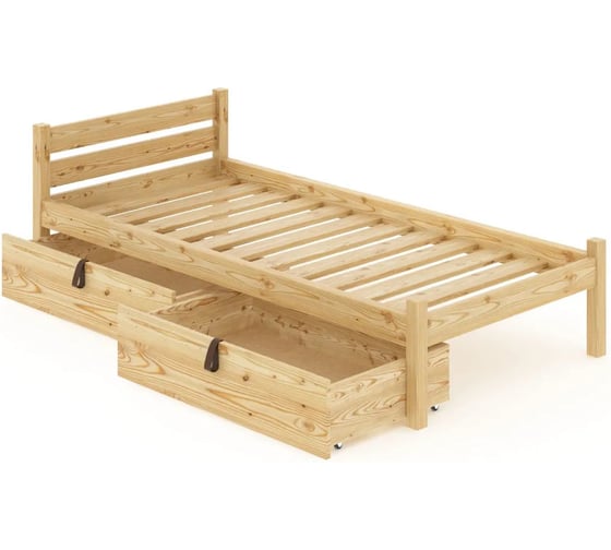 Односпальная кровать Solarius Классика из массива сосны, с реечным основанием, 200x100 см, габариты 210x110 см, с двумя выкатными ящиками, без покрытия 100kl-2yash 1